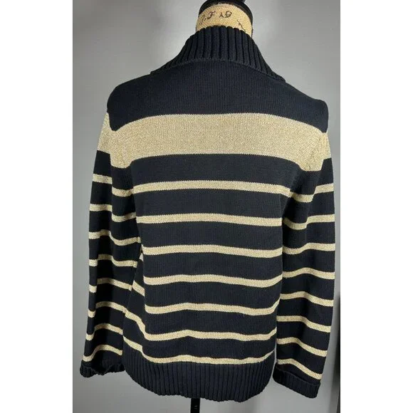 Lauren Ralph Lauren Sz M Black & Gold Stripe Pullover Sweater Nautical Old Money - Picture 2 of 7
